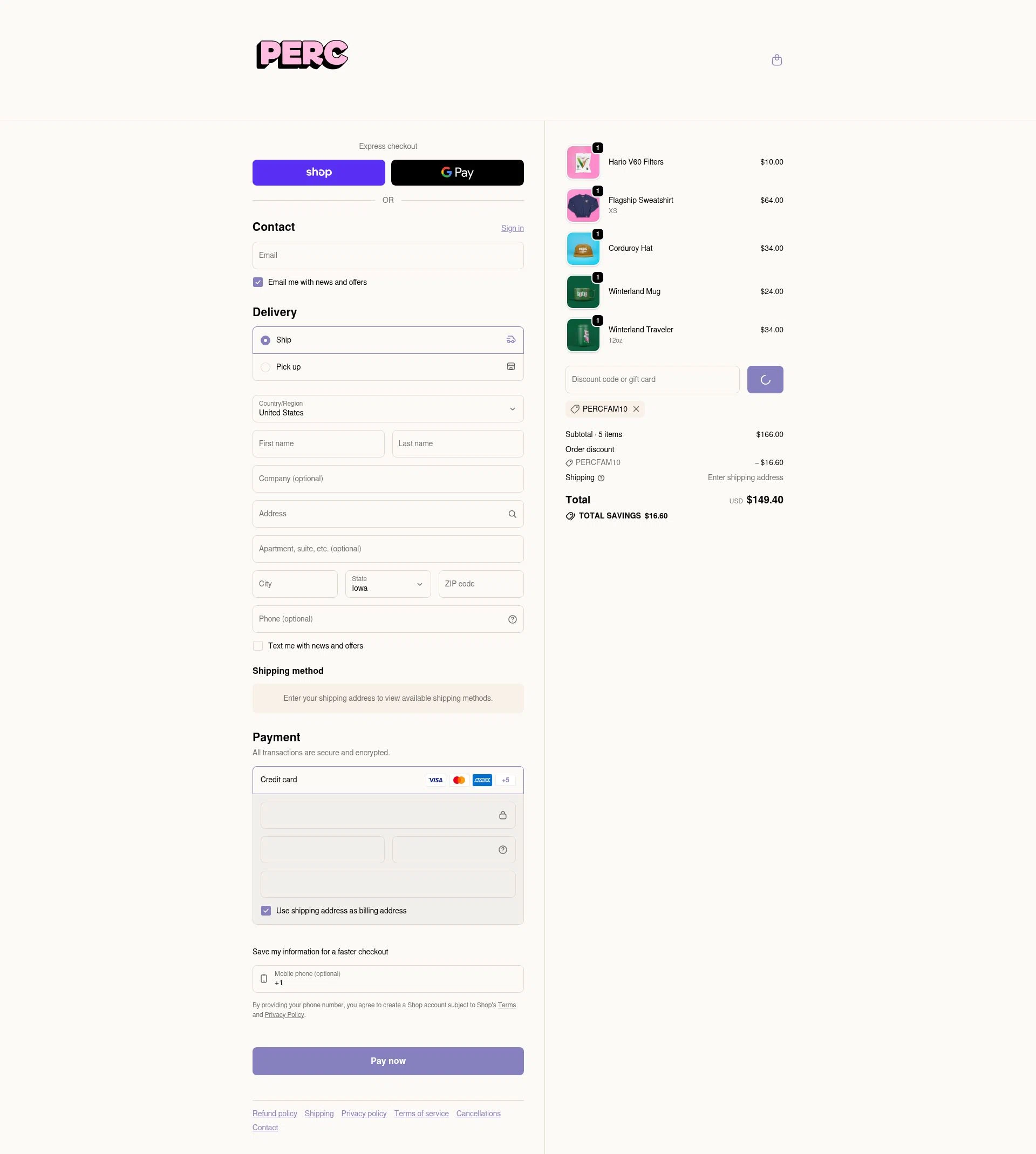 PERC Coffee checkout page showing PERC Coffee discount code box | Screenshot taken by SimplyCodes community member on Feb 4, 2026
