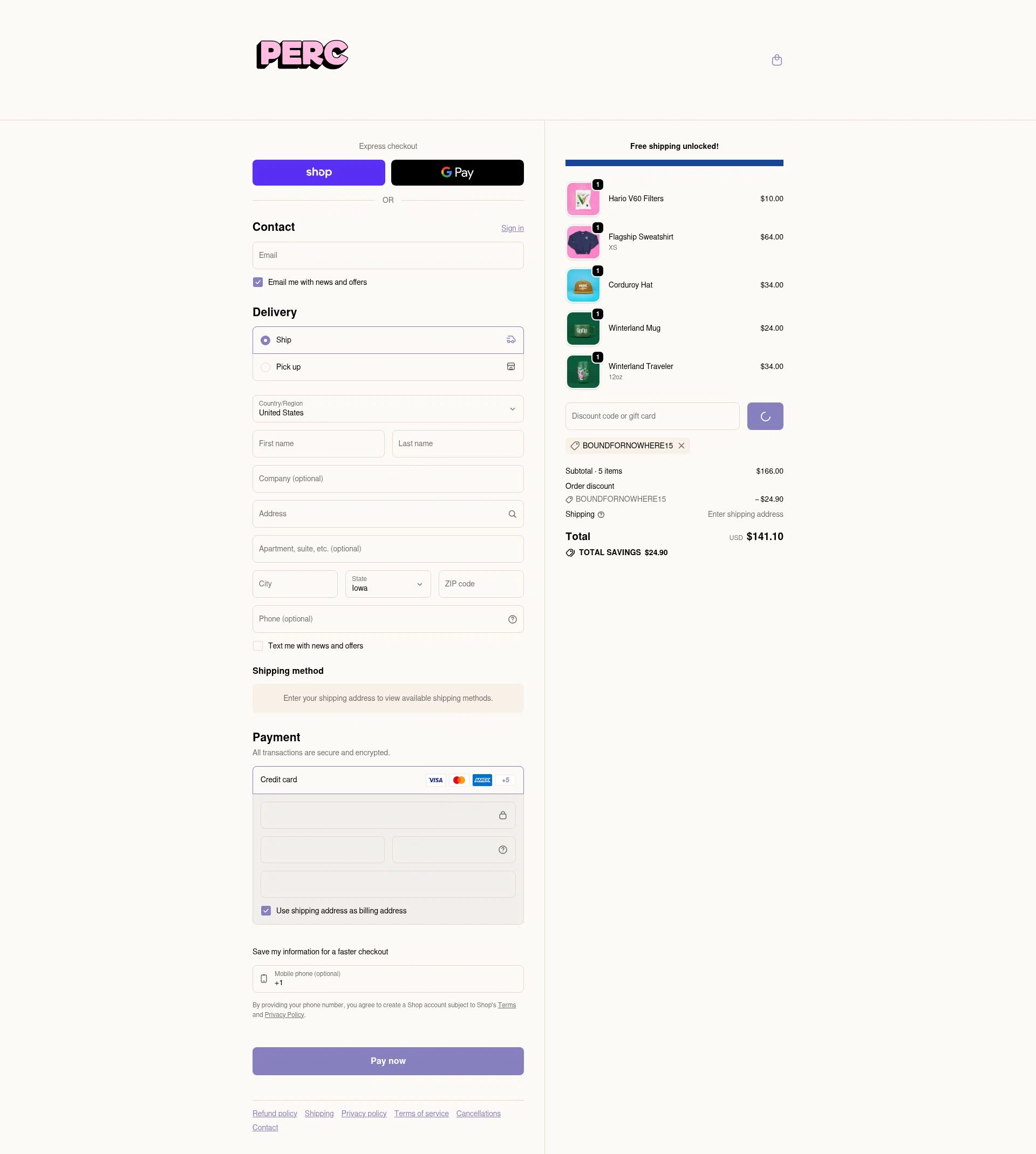 PERC Coffee checkout page showing PERC Coffee discount code box | Screenshot taken by SimplyCodes community member on Feb 4, 2026