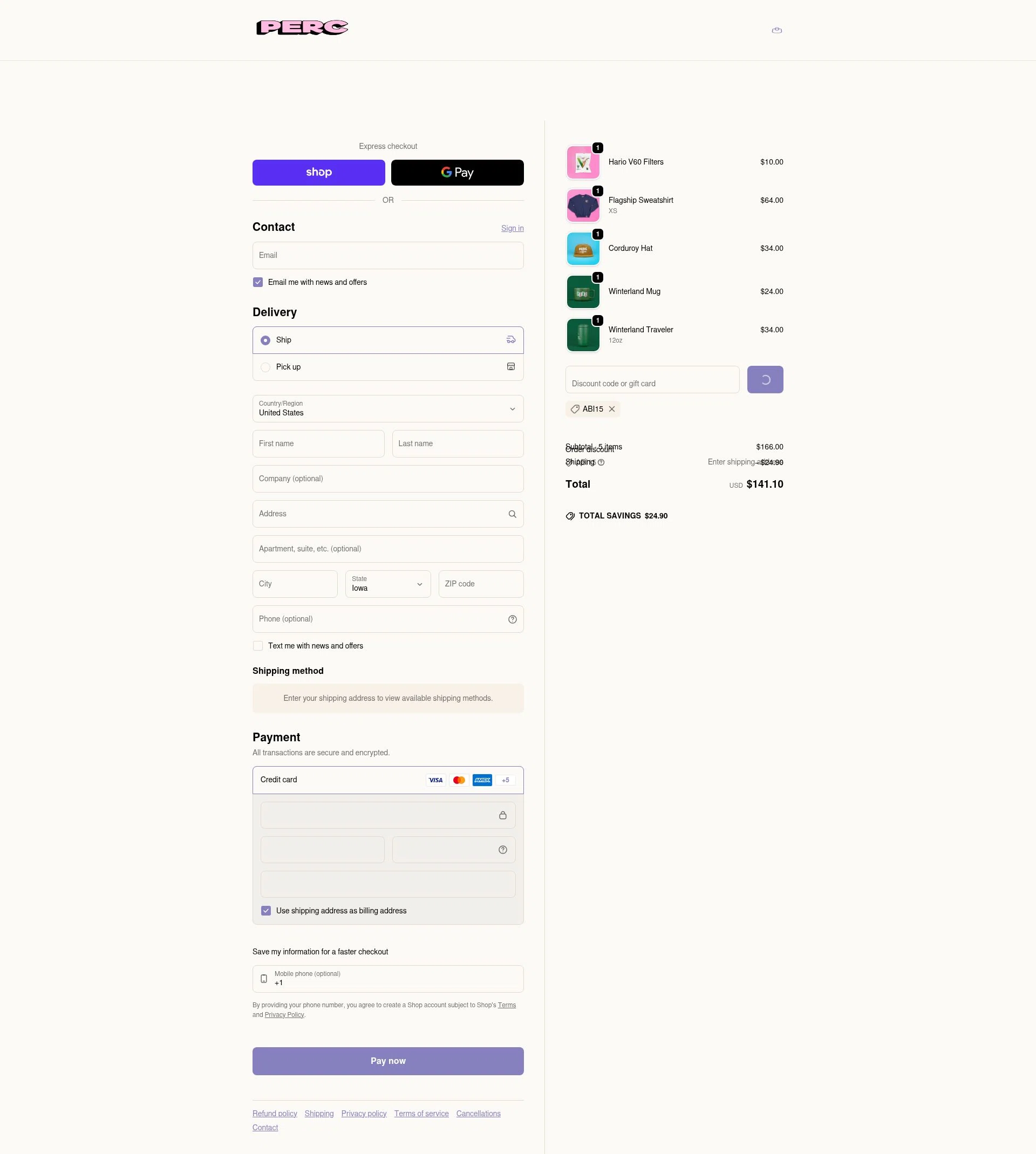 PERC Coffee checkout page showing PERC Coffee discount code box | Screenshot taken by SimplyCodes community member on Feb 4, 2026
