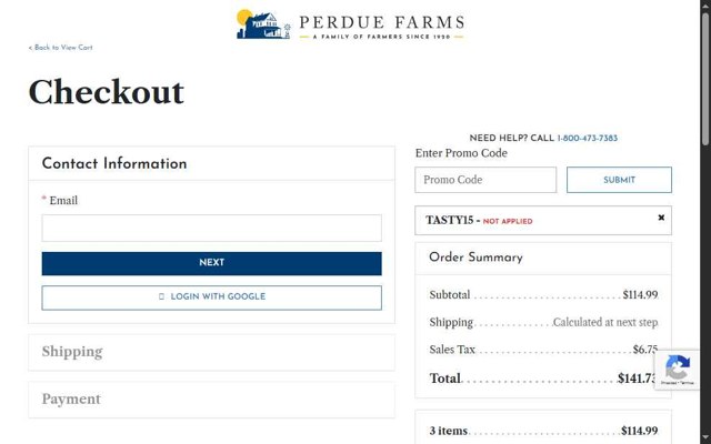 Perdue Farms checkout page showing Perdue Farms promo code box | Screenshot taken by SimplyCodes community member on Aug 19, 2025