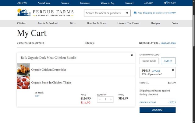 Perdue Farms checkout page showing Perdue Farms promo code box | Screenshot taken by SimplyCodes community member on Aug 19, 2025