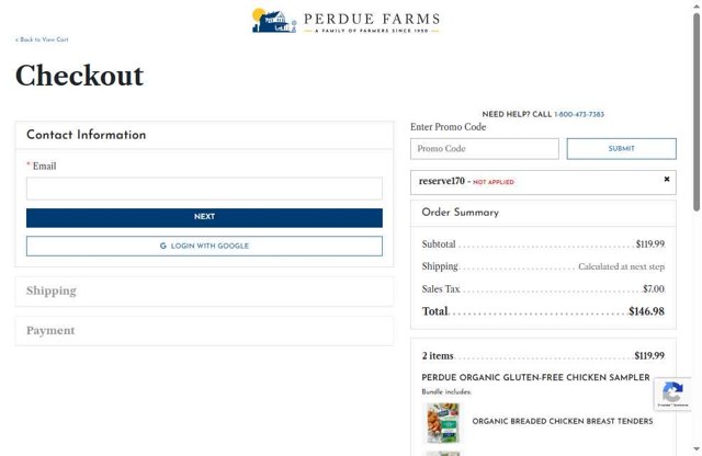 Perdue Farms checkout page showing Perdue Farms promo code box | Screenshot taken by SimplyCodes community member on Jul 15, 2025