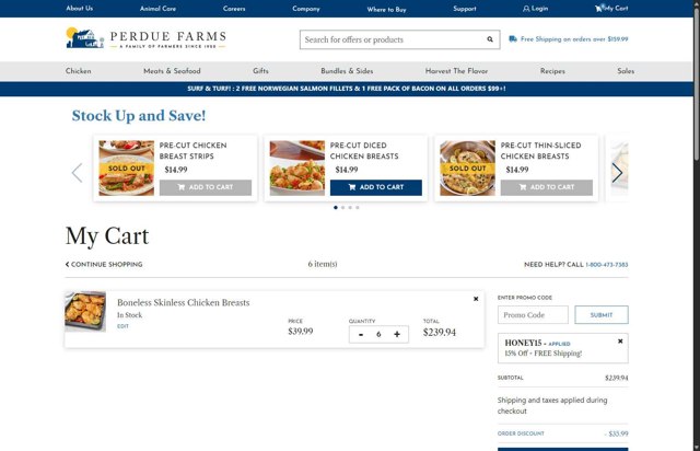 Perdue Farms checkout page showing Perdue Farms promo code box | Screenshot taken by SimplyCodes community member on Aug 14, 2025