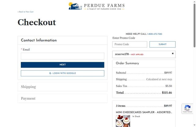 Perdue Farms checkout page showing Perdue Farms promo code box | Screenshot taken by SimplyCodes community member on Jul 15, 2025