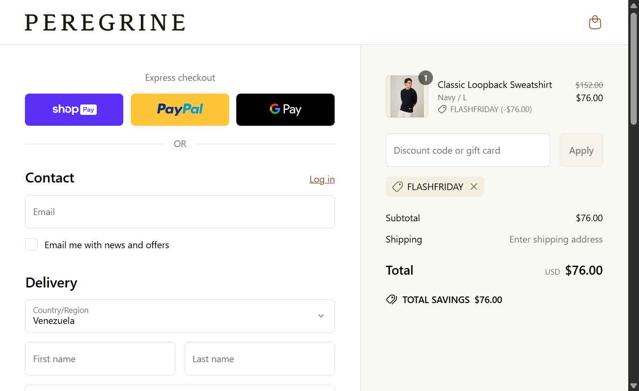 Peregrine Clothing checkout page showing Peregrine Clothing discount code box | Screenshot taken by SimplyCodes community member on May 30, 2025