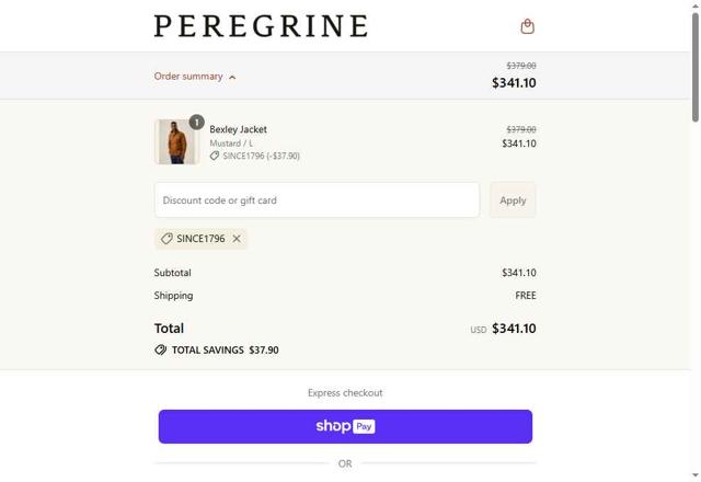 Peregrine Clothing checkout page showing Peregrine Clothing discount code box | Screenshot taken by SimplyCodes community member on Jul 12, 2025
