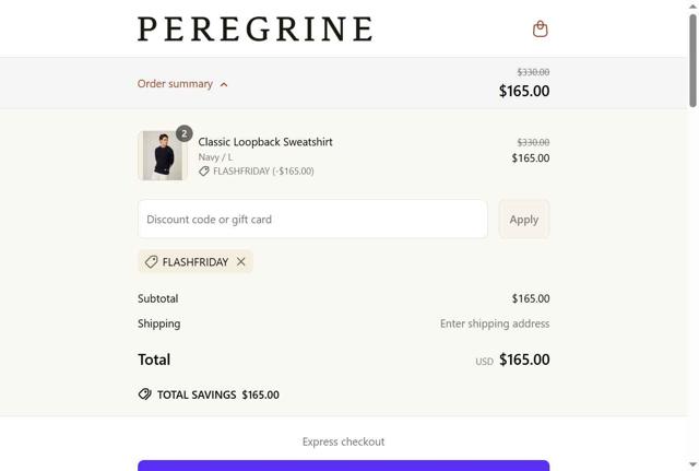 Peregrine Clothing checkout page showing Peregrine Clothing discount code box | Screenshot taken by SimplyCodes community member on May 30, 2025