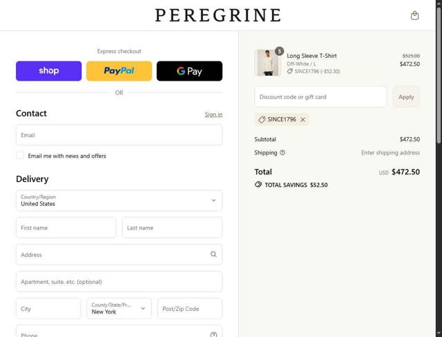 Peregrine Clothing checkout page showing Peregrine Clothing discount code box | Screenshot taken by SimplyCodes community member on Sep 13, 2025