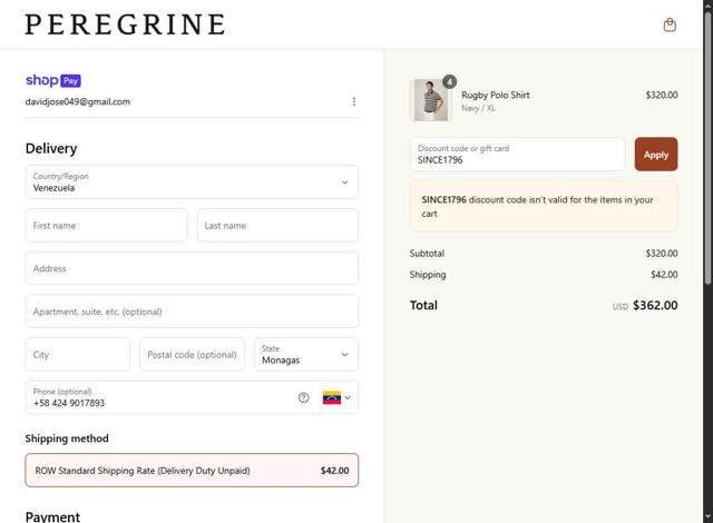 Peregrine Clothing checkout page showing Peregrine Clothing discount code box | Screenshot taken by SimplyCodes community member on Jul 12, 2025