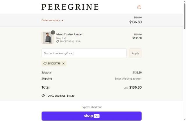 Peregrine Clothing checkout page showing Peregrine Clothing discount code box | Screenshot taken by SimplyCodes community member on Jun 13, 2025