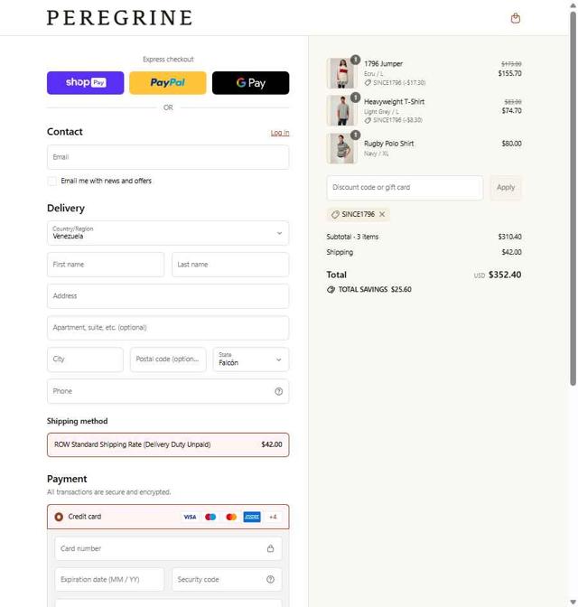 Peregrine Clothing checkout page showing Peregrine Clothing discount code box | Screenshot taken by SimplyCodes community member on Jul 12, 2025