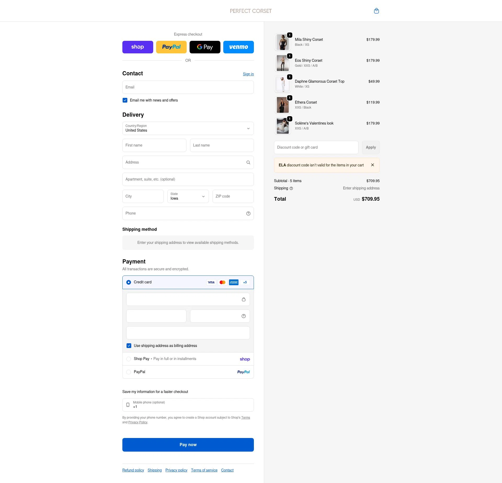 Perfect Corset checkout page showing Perfect Corset discount code box | Screenshot taken by SimplyCodes community member on Feb 16, 2026