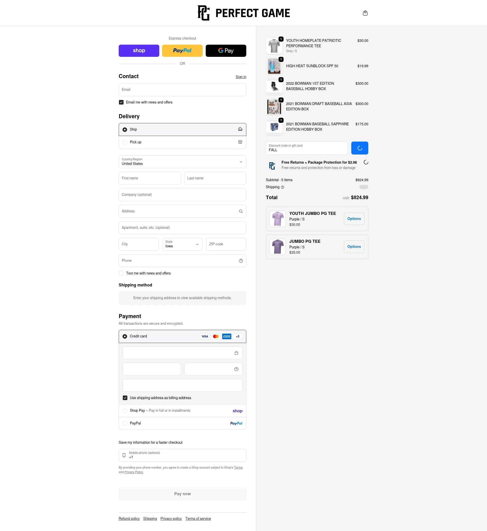 Perfect Game checkout page showing Perfect Game discount code box | Screenshot taken by SimplyCodes community member on Feb 4, 2026