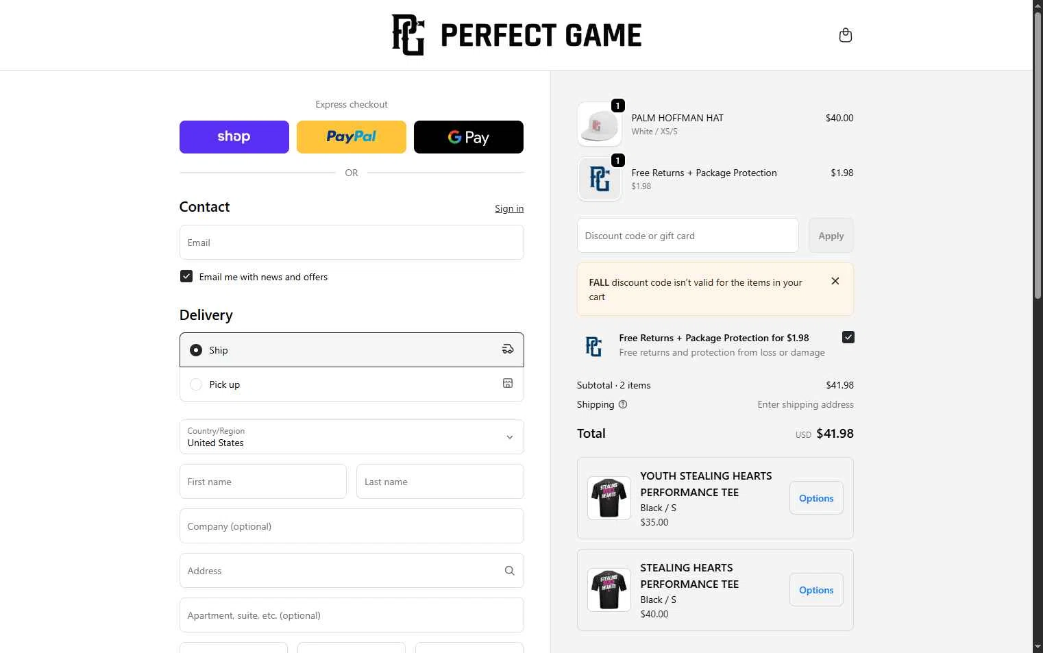 Perfect Game checkout page showing Perfect Game discount code box | Screenshot taken by SimplyCodes community member on Feb 23, 2026