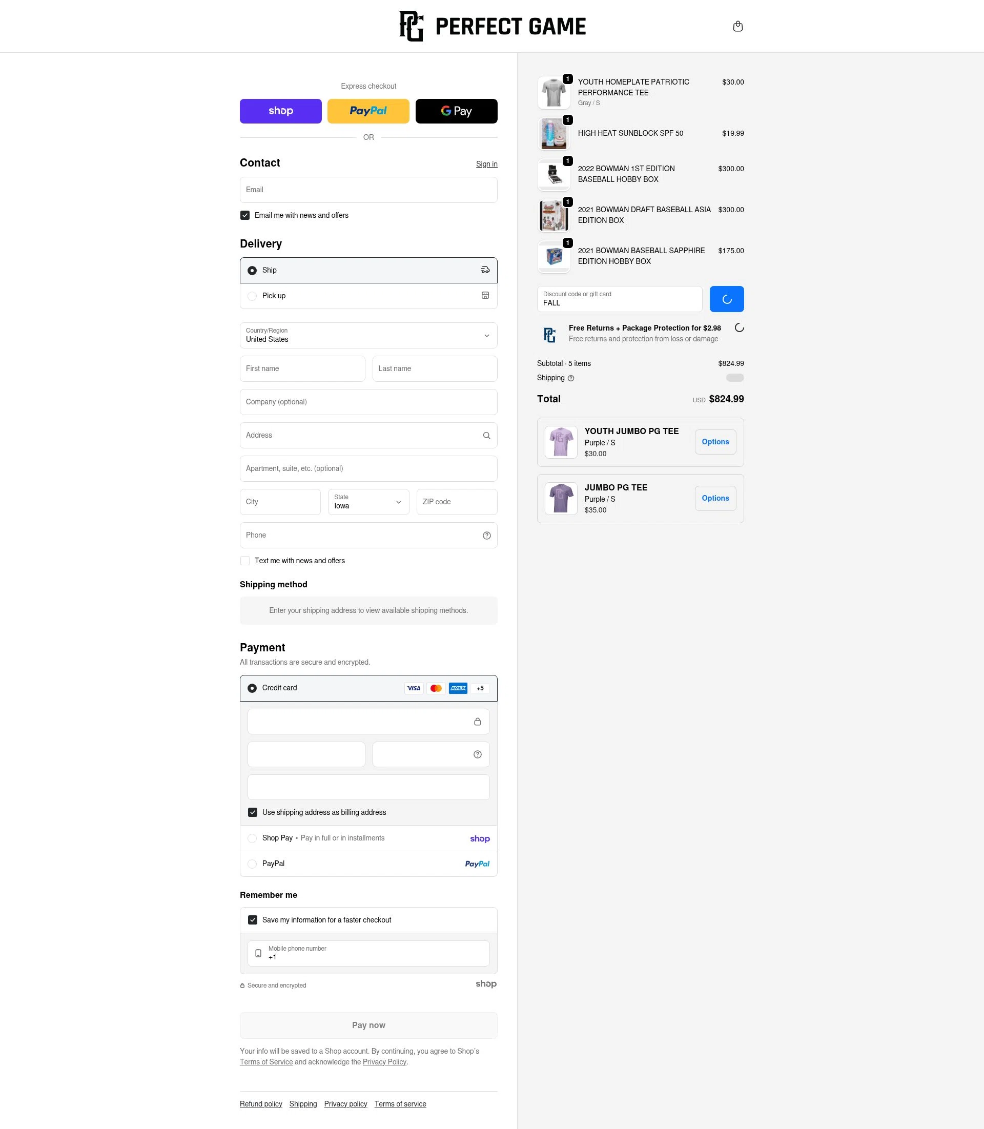 Perfect Game checkout page showing Perfect Game discount code box | Screenshot taken by SimplyCodes community member on Jan 26, 2026