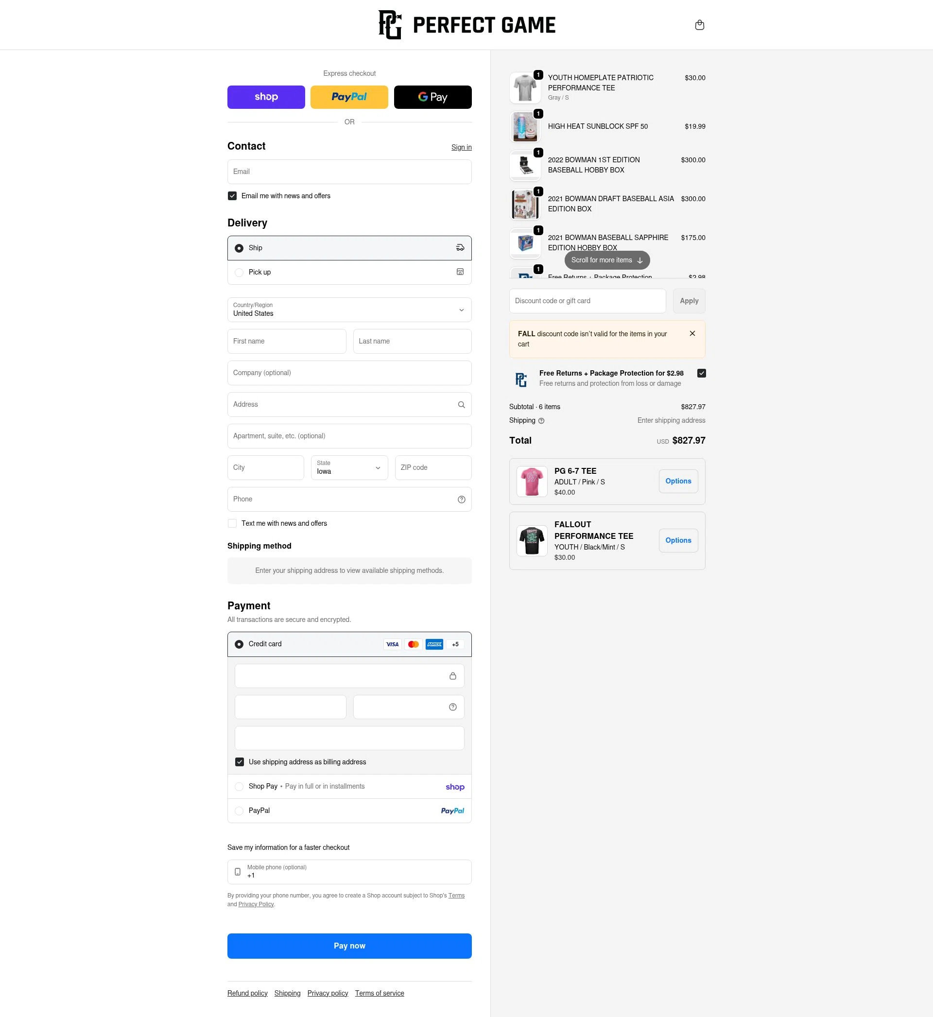 Perfect Game checkout page showing Perfect Game discount code box | Screenshot taken by SimplyCodes community member on Jan 31, 2026