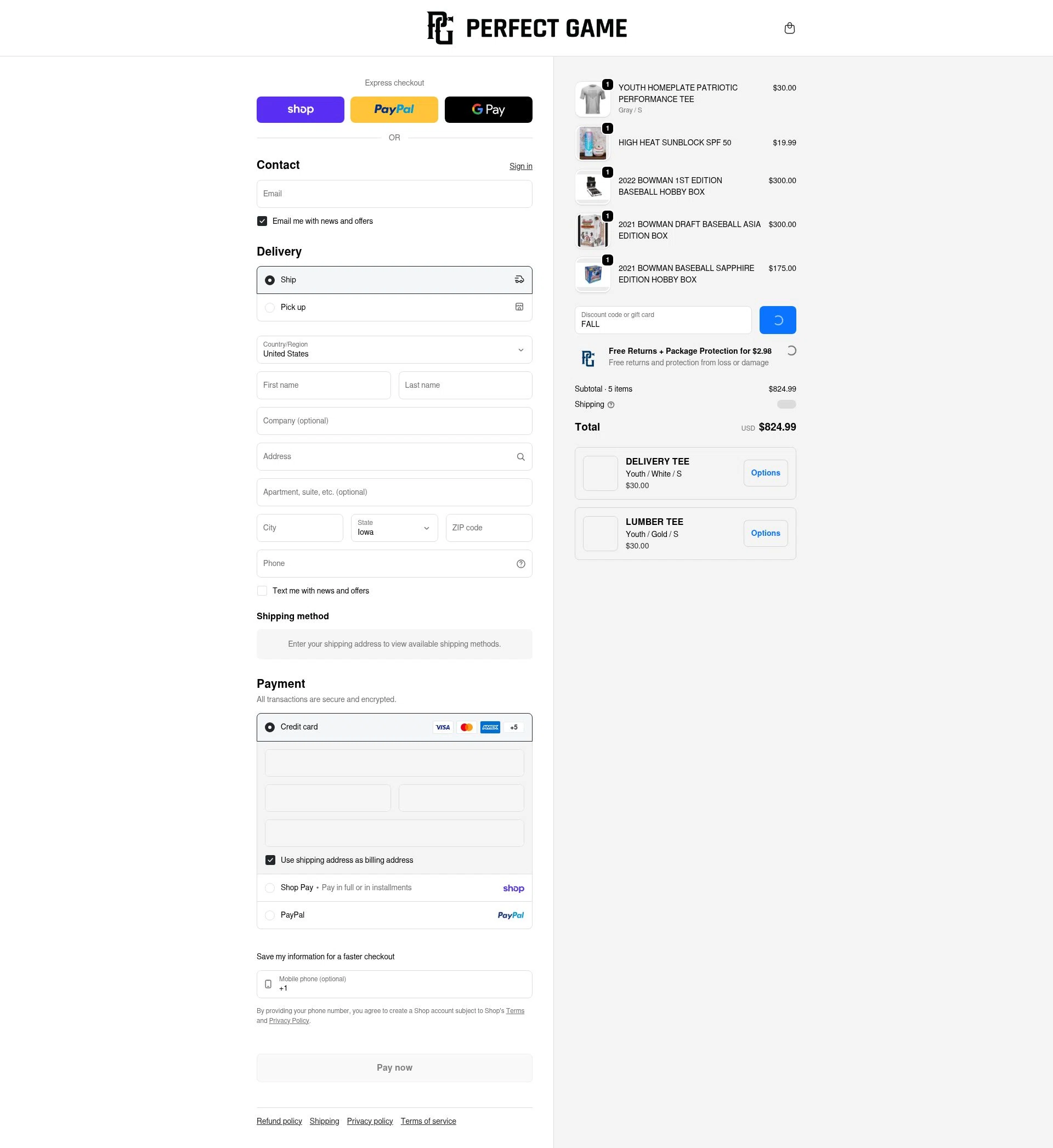 Perfect Game checkout page showing Perfect Game discount code box | Screenshot taken by SimplyCodes community member on Feb 9, 2026