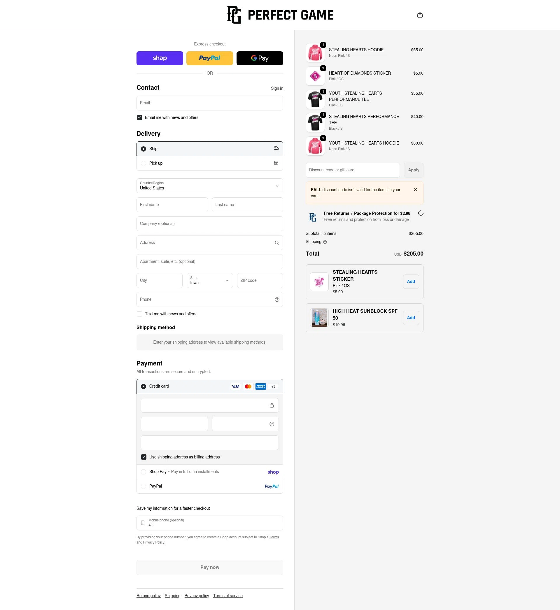Perfect Game checkout page showing Perfect Game discount code box | Screenshot taken by SimplyCodes community member on Feb 21, 2026