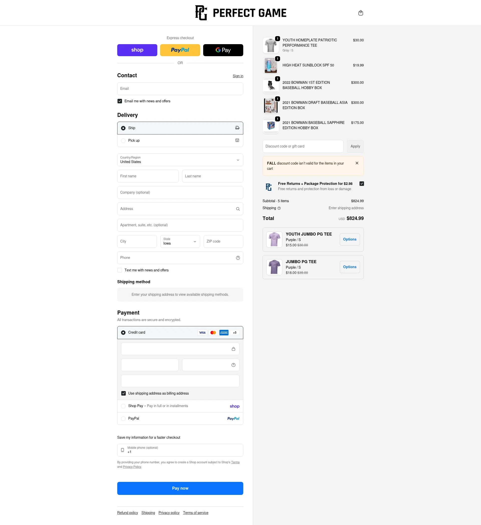 Perfect Game checkout page showing Perfect Game discount code box | Screenshot taken by SimplyCodes community member on Feb 12, 2026