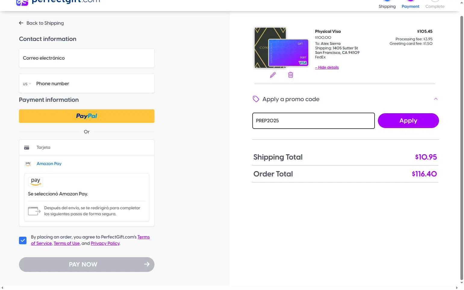 Perfect Gift checkout page showing Perfect Gift promo code box | Screenshot taken by SimplyCodes community member on Oct 10, 2025