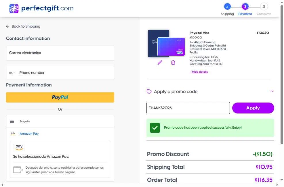 Perfect Gift checkout page showing Perfect Gift promo code box | Screenshot taken by SimplyCodes community member on Nov 4, 2025