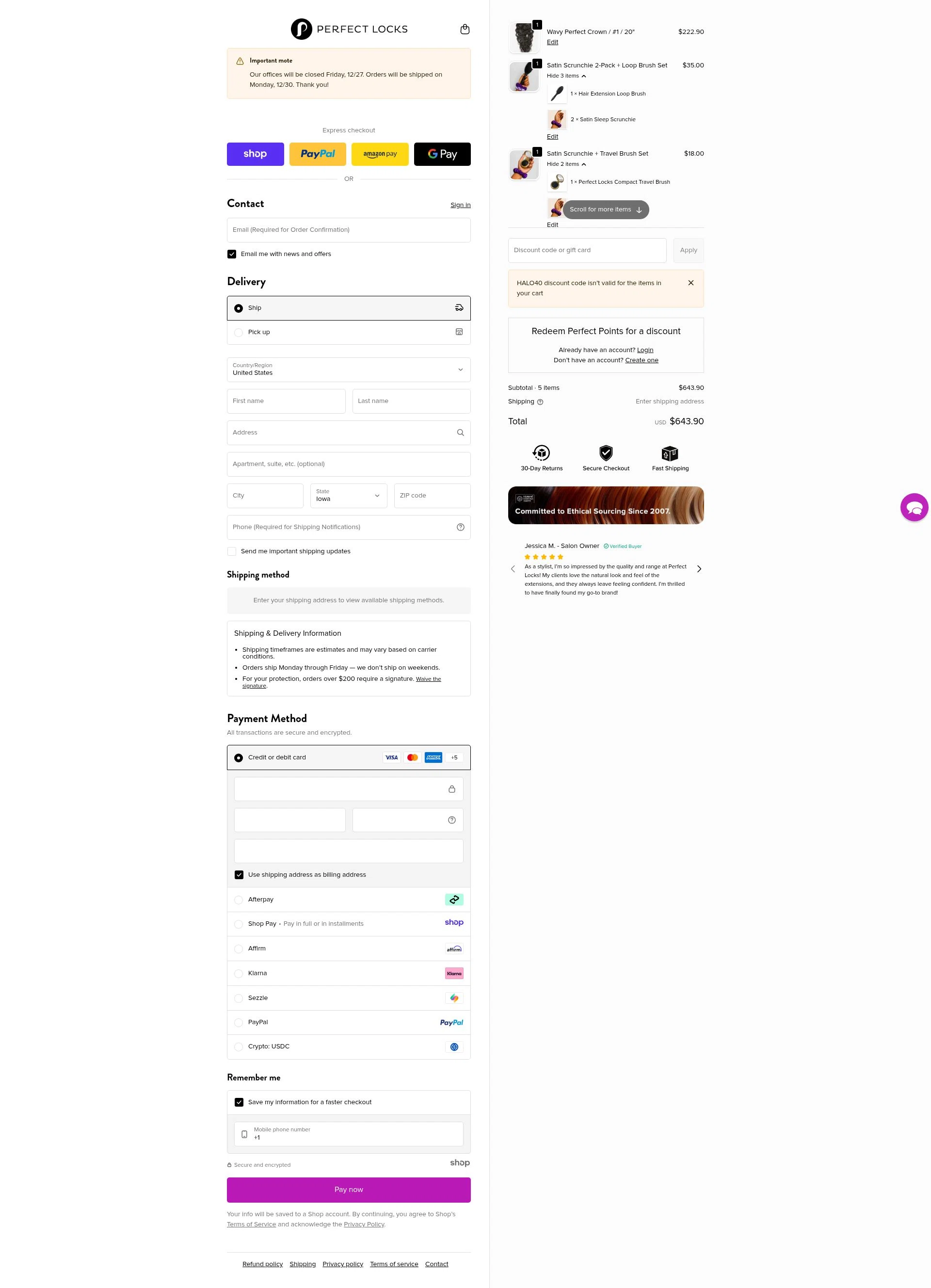 Perfect Locks checkout page showing Perfect Locks coupon code box | Screenshot taken by SimplyCodes community member on Dec 27, 2025