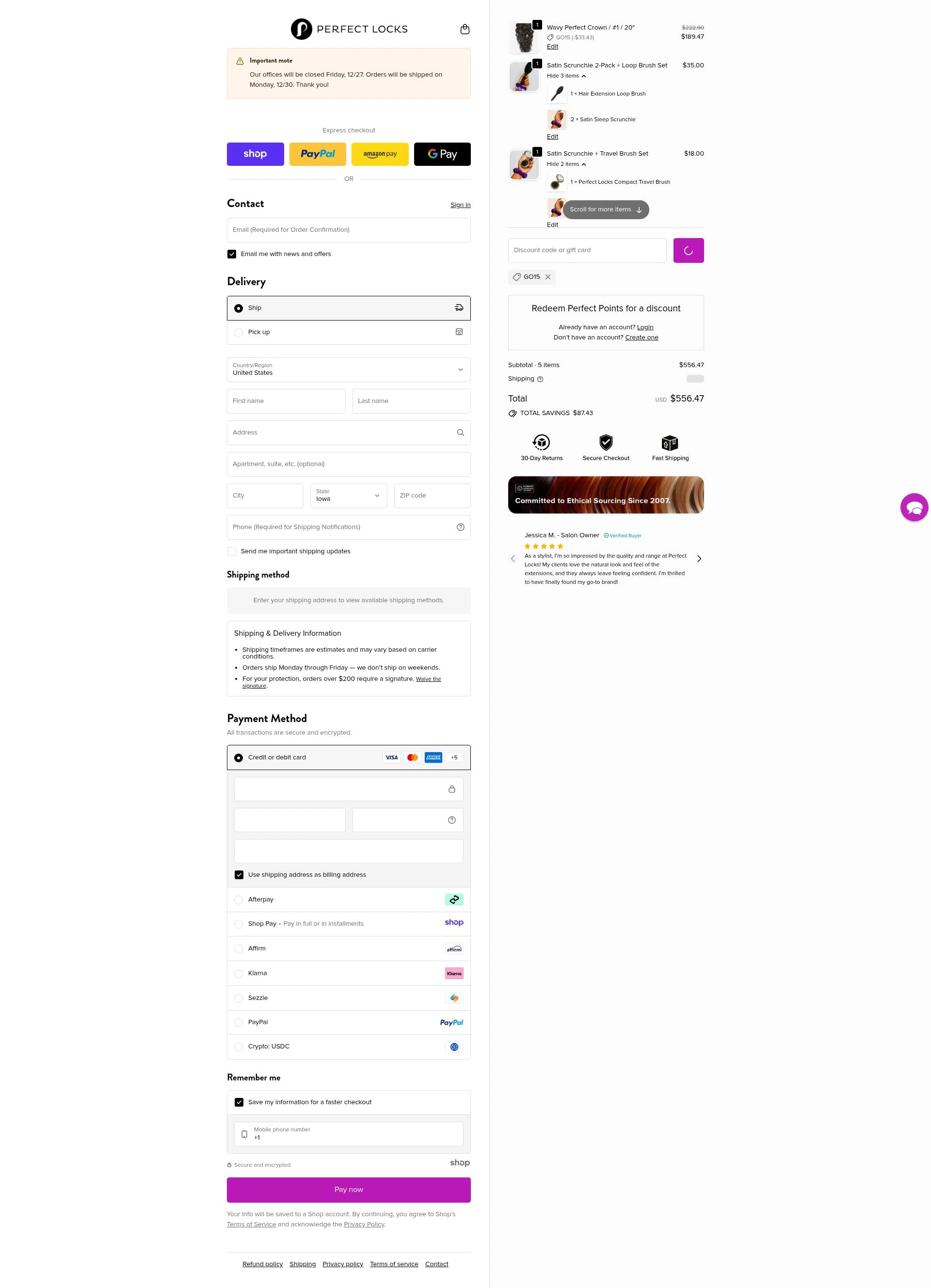 Perfect Locks checkout page showing Perfect Locks coupon code box | Screenshot taken by SimplyCodes community member on Dec 27, 2025