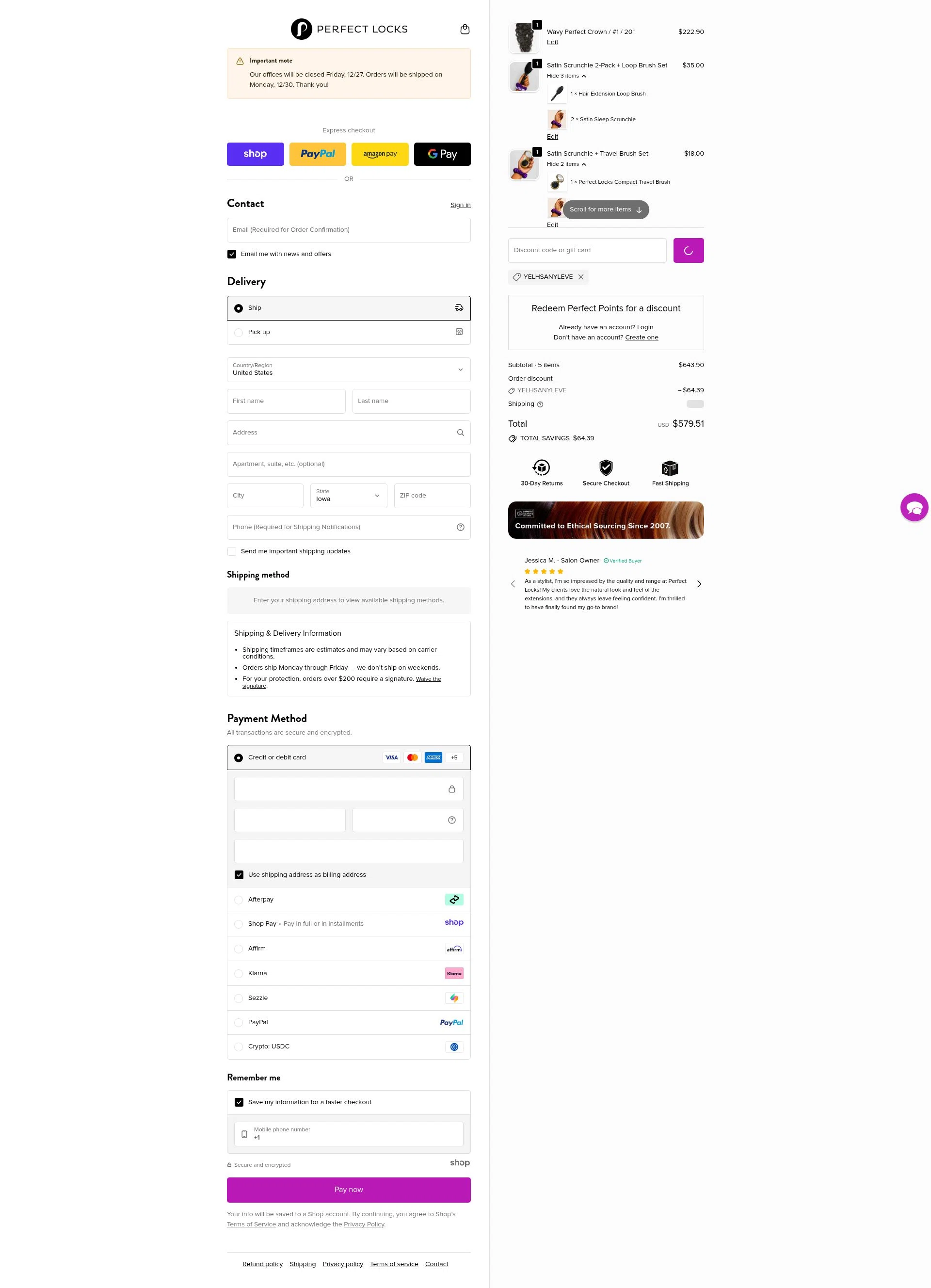 Perfect Locks checkout page showing Perfect Locks coupon code box | Screenshot taken by SimplyCodes community member on Dec 27, 2025