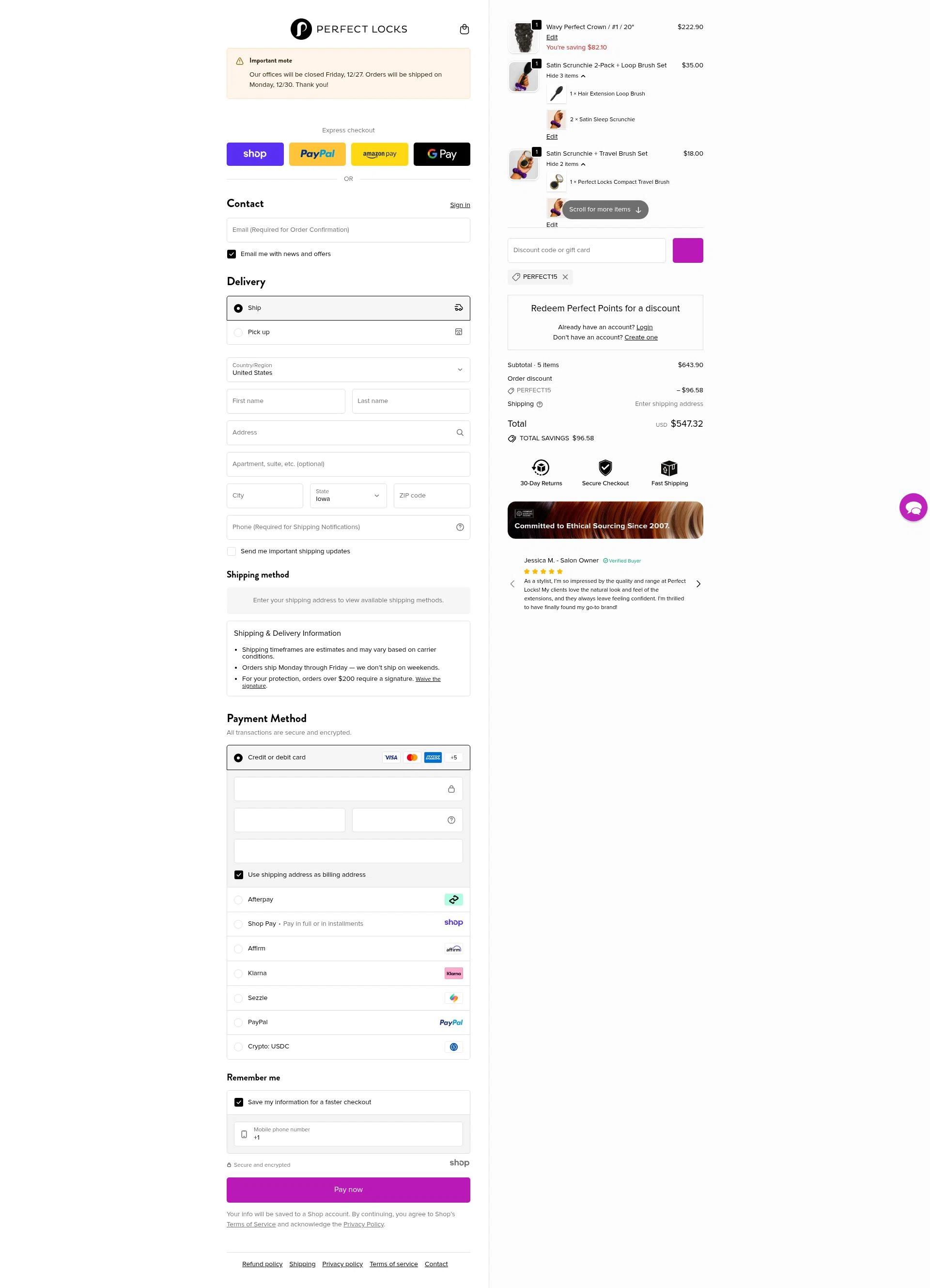 Perfect Locks checkout page showing Perfect Locks coupon code box | Screenshot taken by SimplyCodes community member on Dec 27, 2025