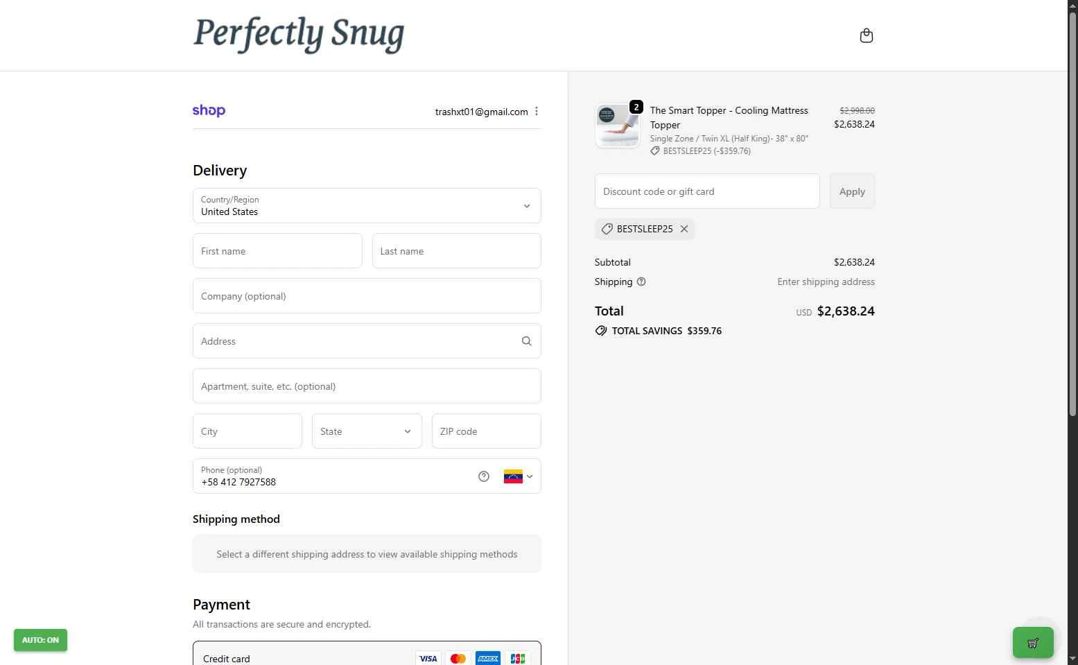 Perfectly Snug checkout page showing Perfectly Snug discount code box | Screenshot taken by SimplyCodes community member on Dec 2, 2025