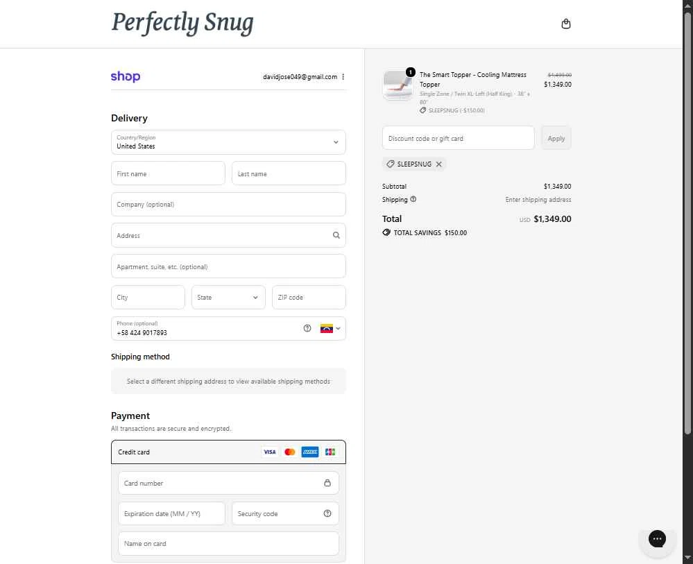 Perfectly Snug checkout page showing Perfectly Snug discount code box | Screenshot taken by SimplyCodes community member on Nov 19, 2025