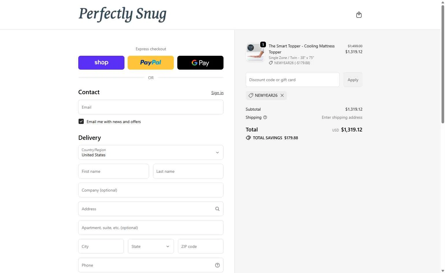 Perfectly Snug checkout page showing Perfectly Snug discount code box | Screenshot taken by SimplyCodes community member on Dec 26, 2025