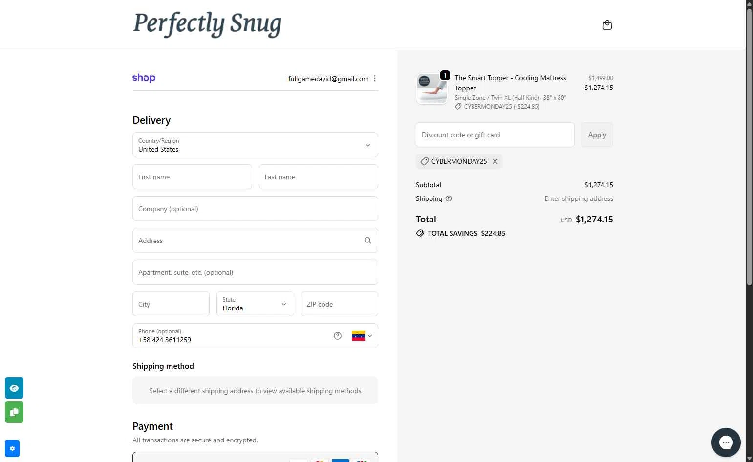Perfectly Snug checkout page showing Perfectly Snug discount code box | Screenshot taken by SimplyCodes community member on Dec 1, 2025