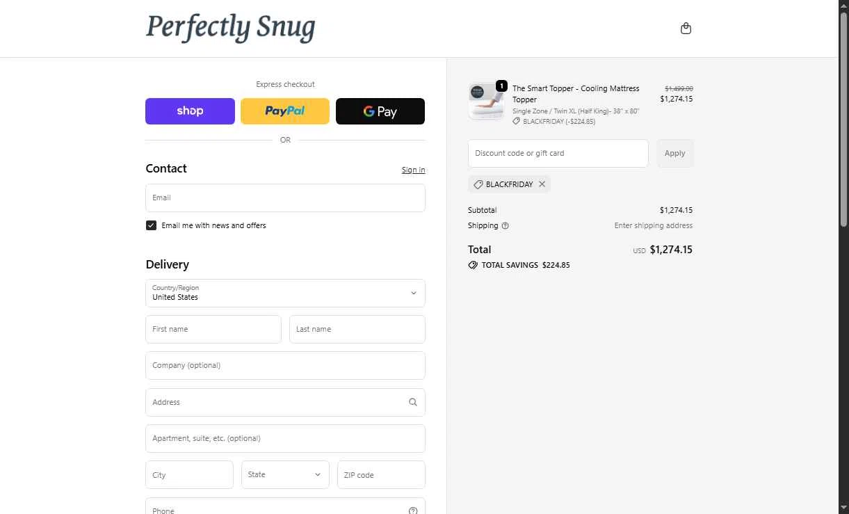 Perfectly Snug checkout page showing Perfectly Snug discount code box | Screenshot taken by SimplyCodes community member on Dec 2, 2025