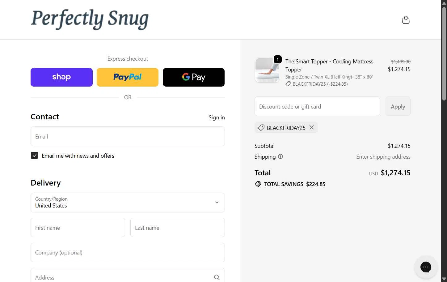 Perfectly Snug checkout page showing Perfectly Snug discount code box | Screenshot taken by SimplyCodes community member on Nov 6, 2025