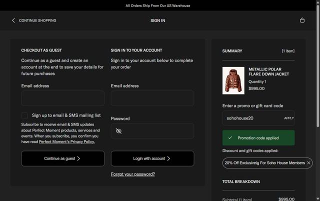 Perfect Moment checkout page showing Perfect Moment promo code box | Screenshot taken by SimplyCodes community member on Sep 1, 2025