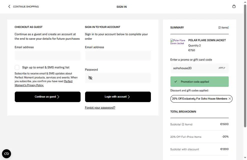 Perfect Moment checkout page showing Perfect Moment promo code box | Screenshot taken by SimplyCodes community member on Jan 25, 2026