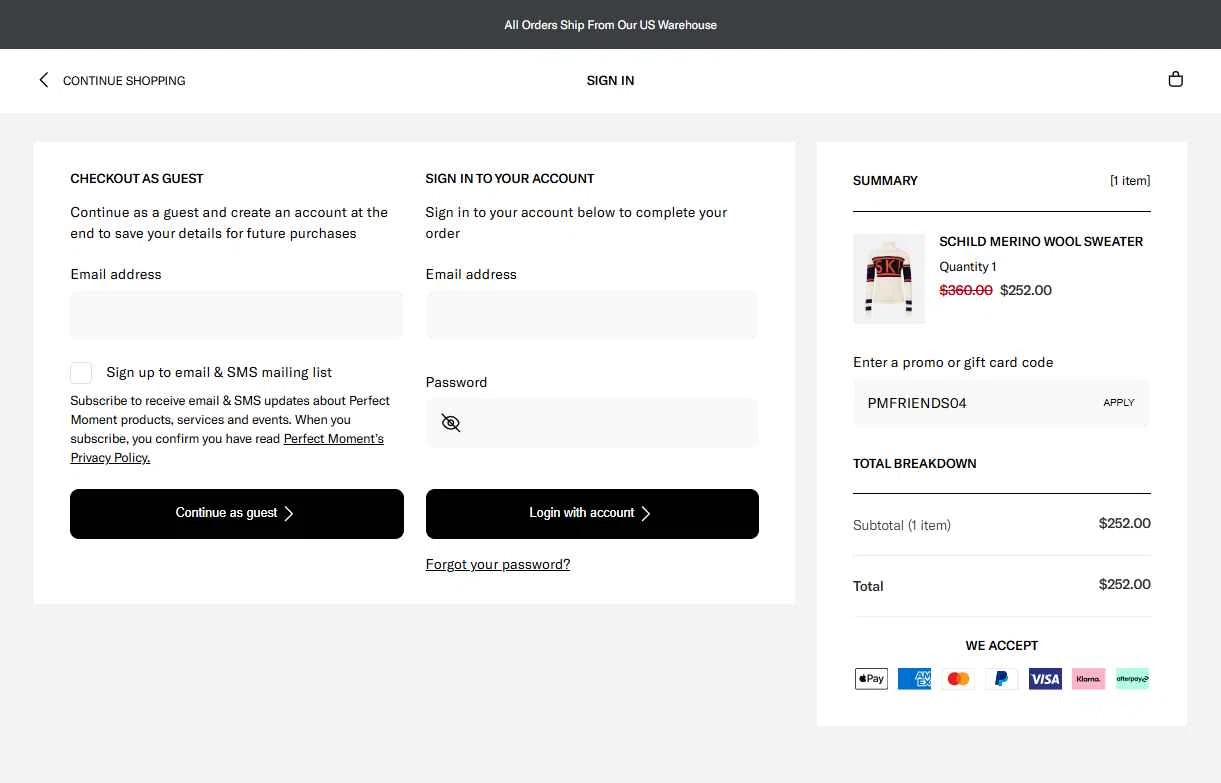 Perfect Moment checkout page showing Perfect Moment promo code box | Screenshot taken by SimplyCodes community member on Nov 22, 2025