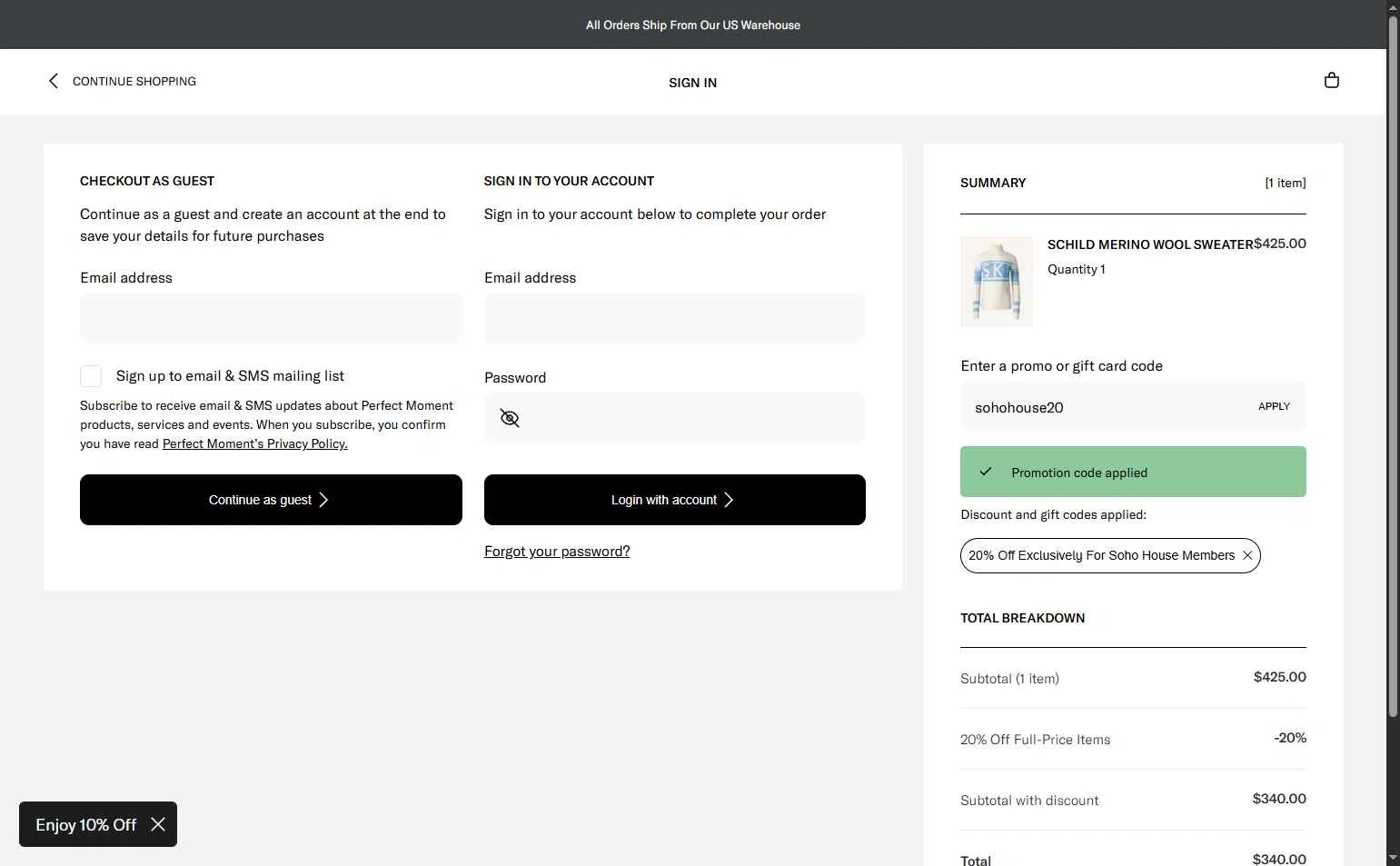 Perfect Moment checkout page showing Perfect Moment promo code box | Screenshot taken by SimplyCodes community member on Dec 28, 2025