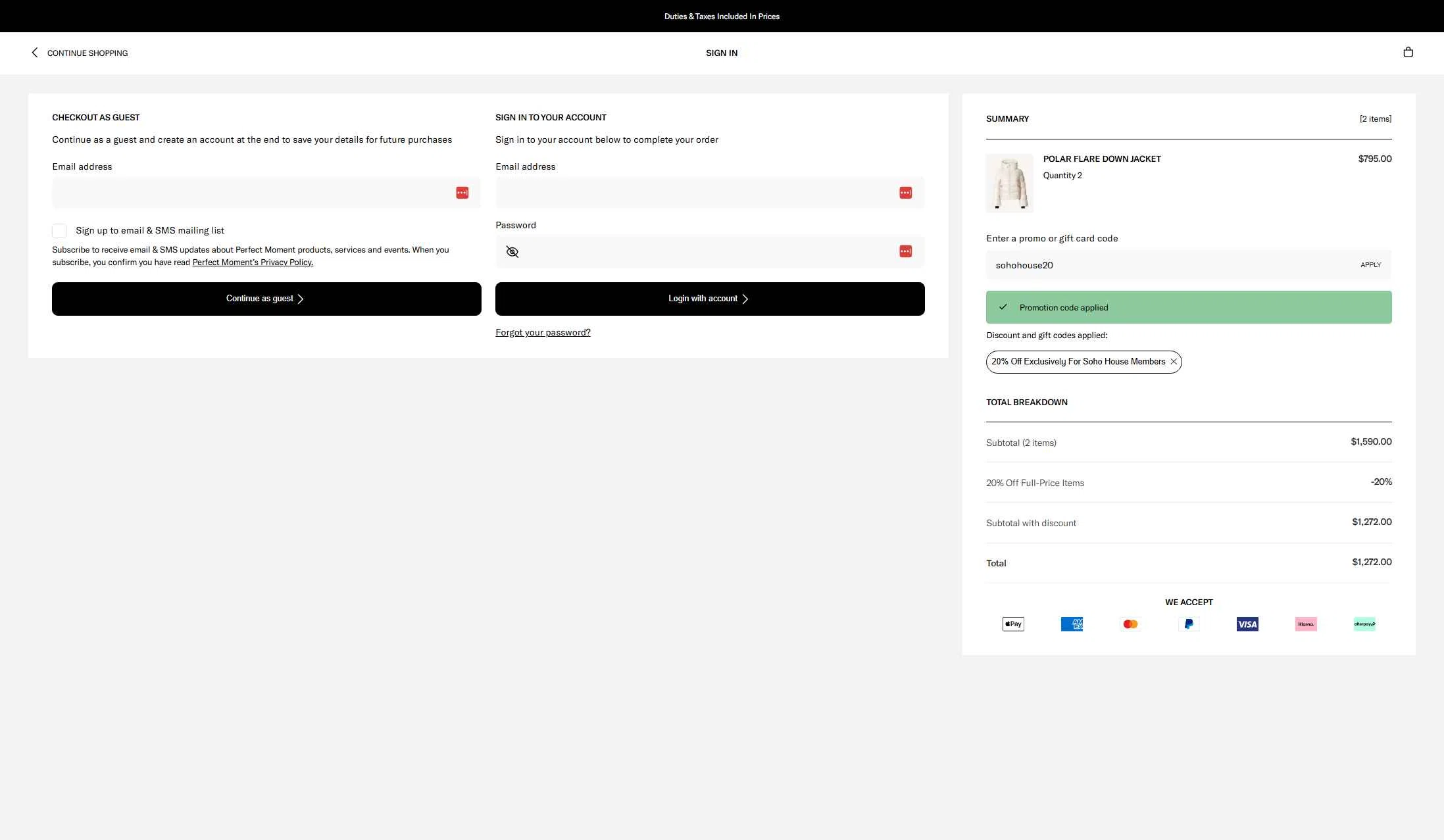Perfect Moment checkout page showing Perfect Moment promo code box | Screenshot taken by SimplyCodes community member on Jan 15, 2026