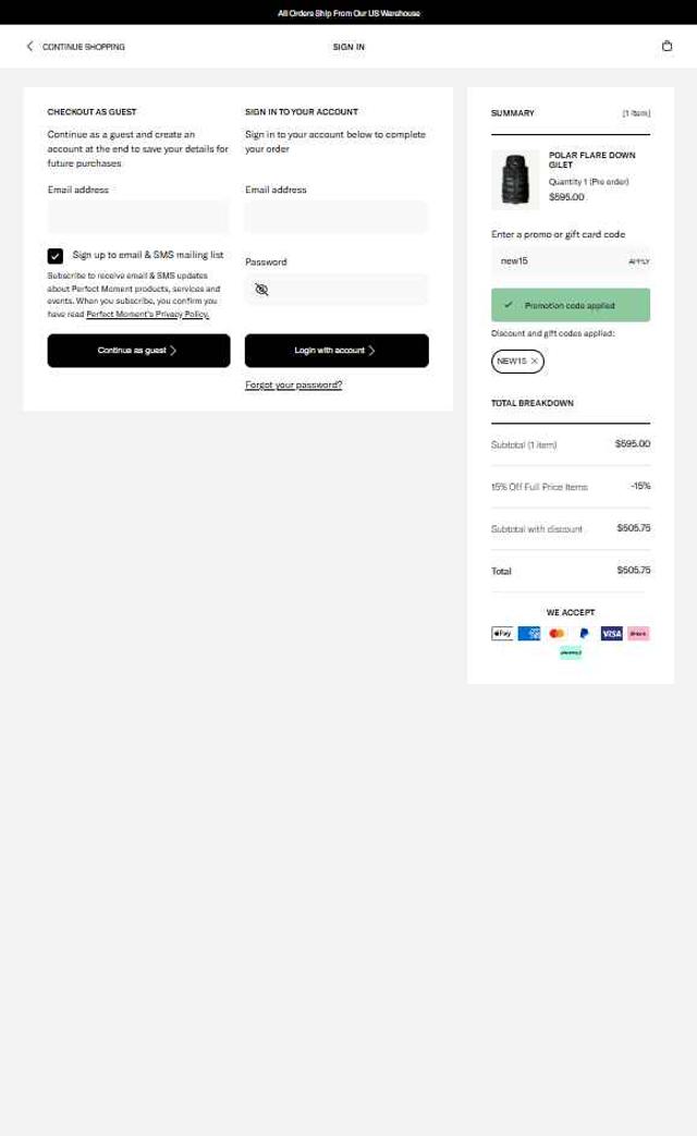 Perfect Moment checkout page showing Perfect Moment promo code box | Screenshot taken by SimplyCodes community member on Aug 17, 2025