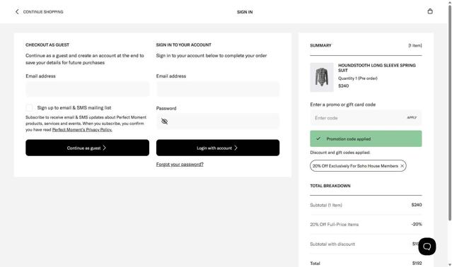 Perfect Moment checkout page showing Perfect Moment promo code box | Screenshot taken by SimplyCodes community member on Aug 3, 2025