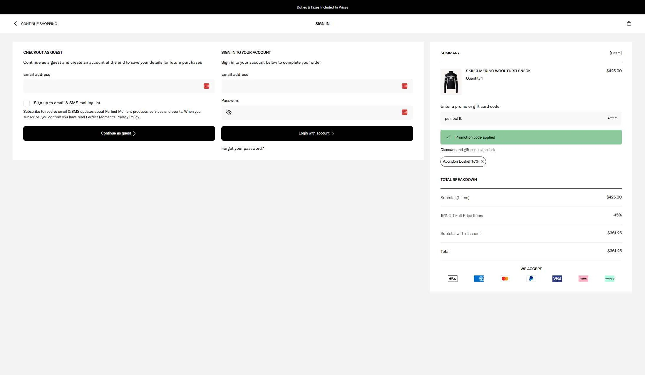 Perfect Moment checkout page showing Perfect Moment promo code box | Screenshot taken by SimplyCodes community member on Jan 15, 2026