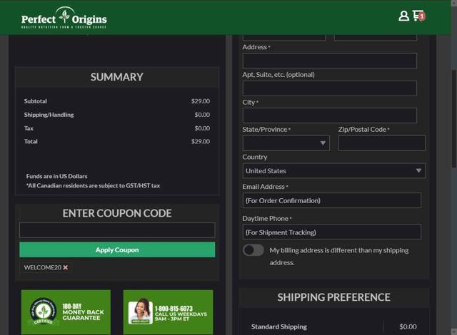 Perfect Origins checkout page showing Perfect Origins coupon code box | Screenshot taken by SimplyCodes community member on Aug 6, 2025