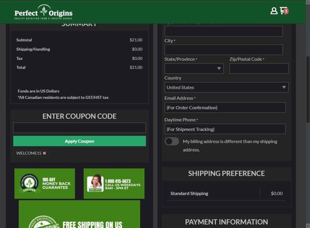 Perfect Origins checkout page showing Perfect Origins coupon code box | Screenshot taken by SimplyCodes community member on Jul 26, 2025