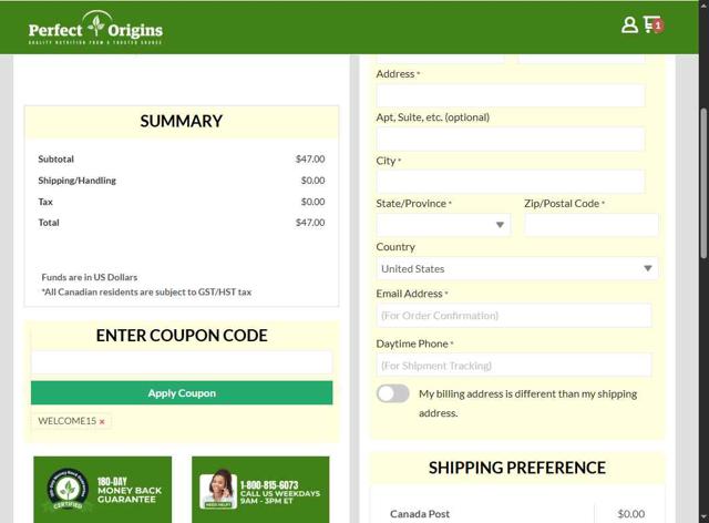 Perfect Origins checkout page showing Perfect Origins coupon code box | Screenshot taken by SimplyCodes community member on Aug 24, 2025
