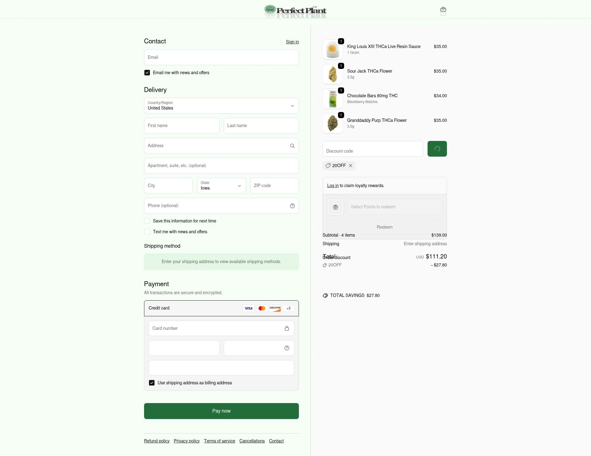 Perfect Plant Market checkout page showing Perfect Plant Market discount code box | Screenshot taken by SimplyCodes community member on Feb 8, 2026