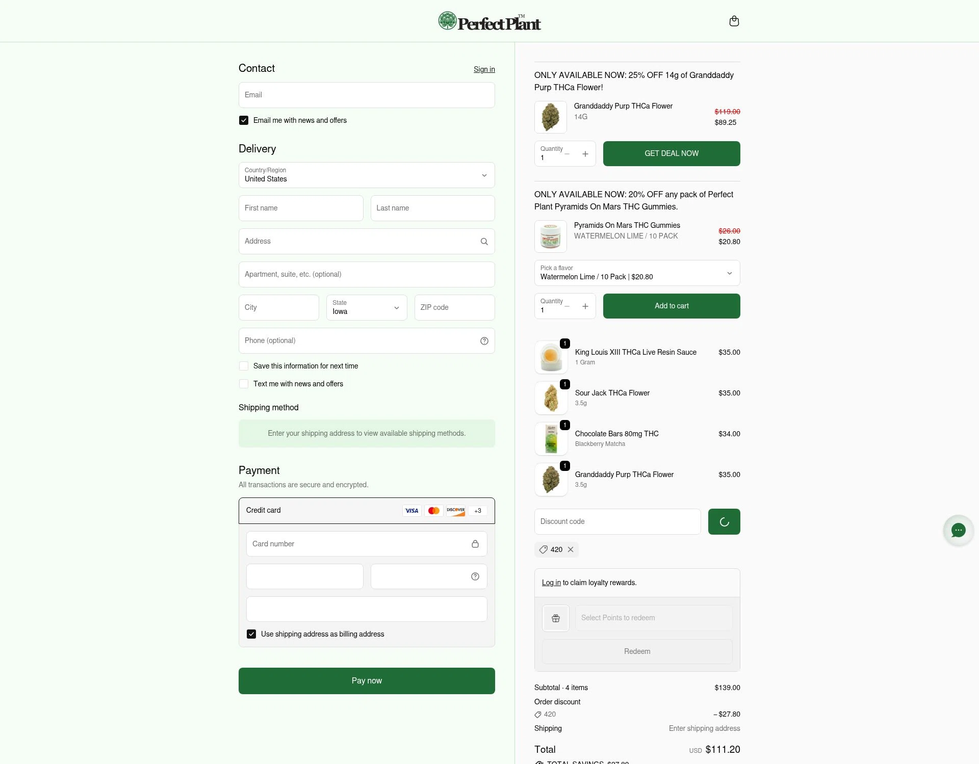 Perfect Plant Market checkout page showing Perfect Plant Market discount code box | Screenshot taken by SimplyCodes community member on Feb 13, 2026