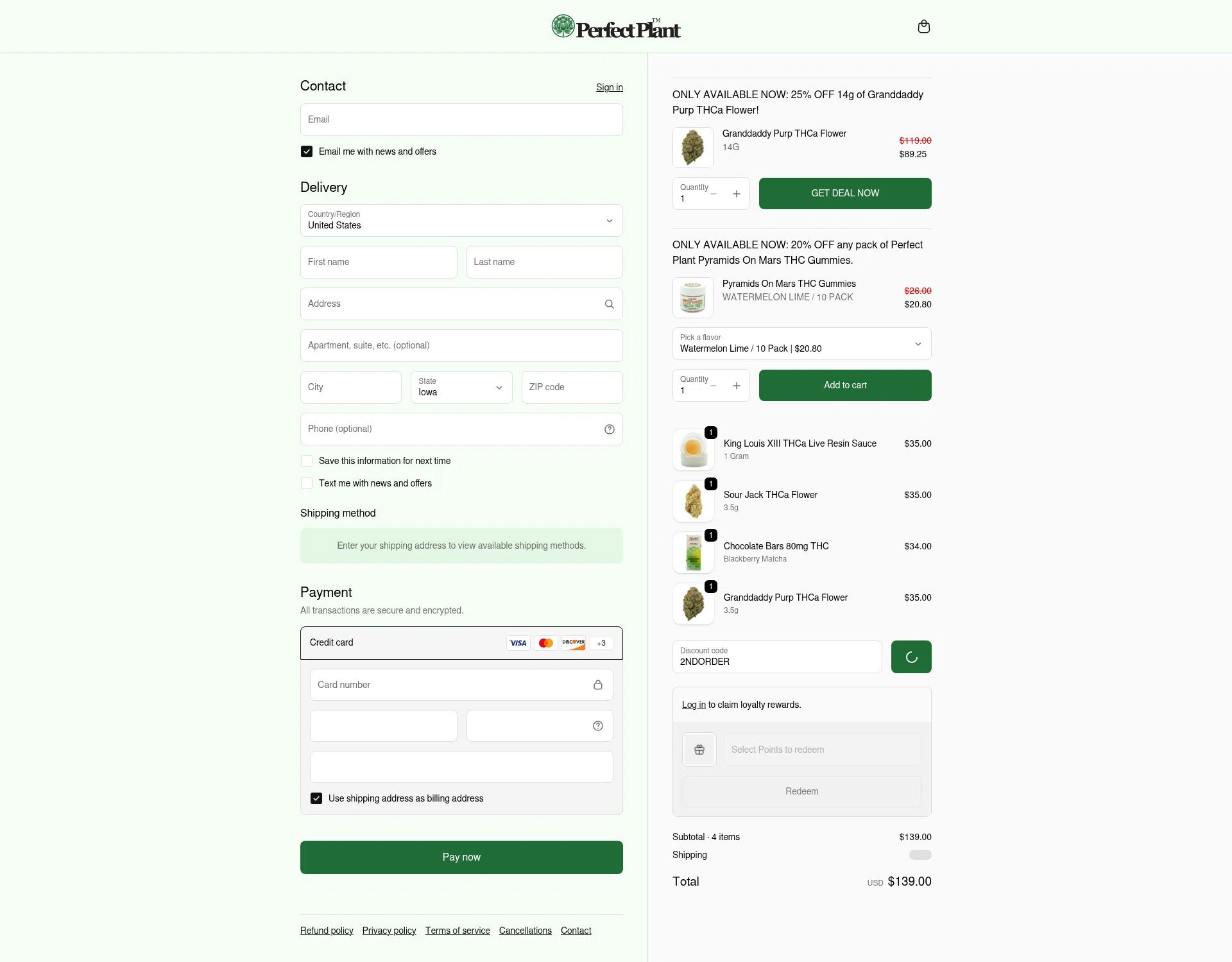 Perfect Plant Market checkout page showing Perfect Plant Market discount code box | Screenshot taken by SimplyCodes community member on Feb 13, 2026