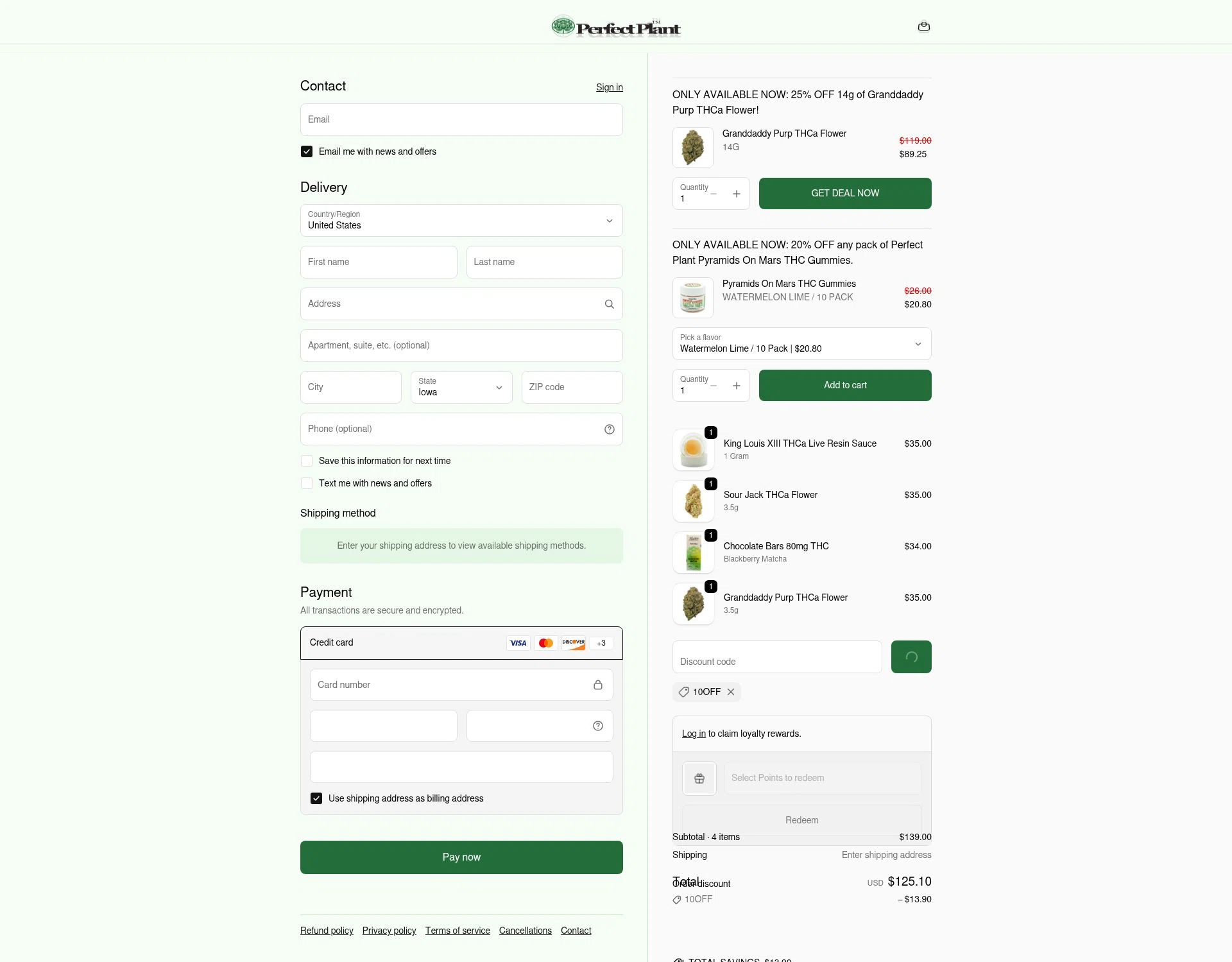 Perfect Plant Market checkout page showing Perfect Plant Market discount code box | Screenshot taken by SimplyCodes community member on Feb 13, 2026